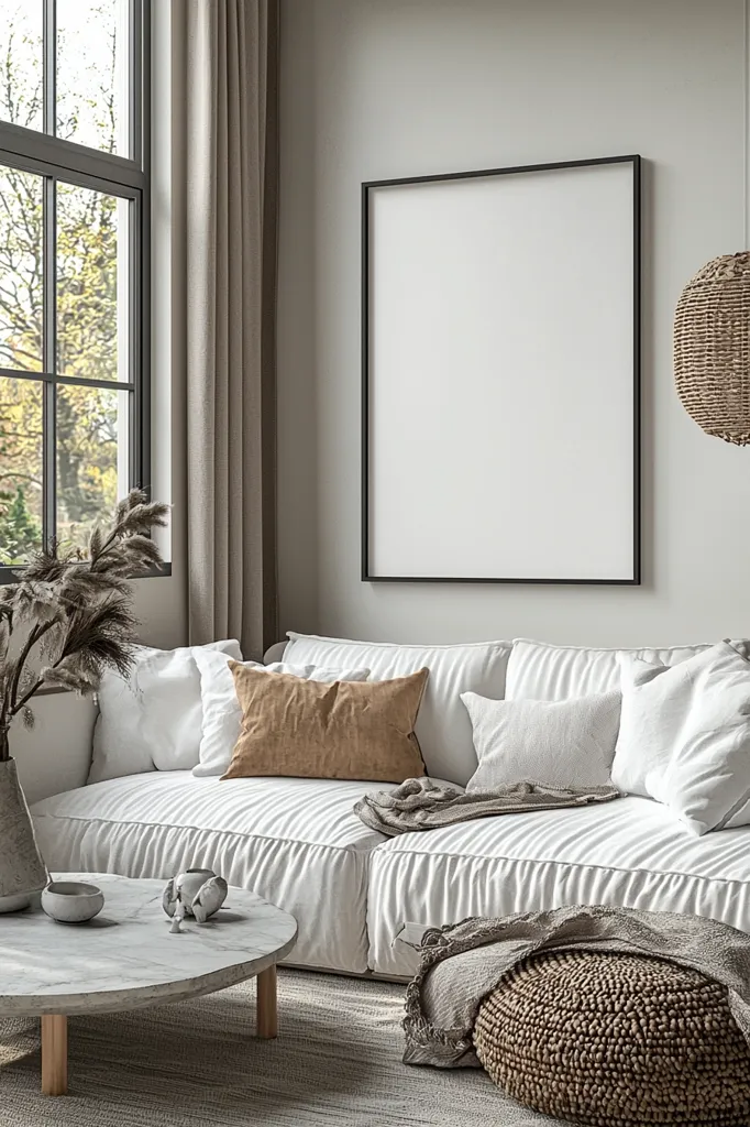 The image shows a cozy living room with a large white sectional sofa adorned with fluffy pillows, a brown throw blanket, and a woven ottoman. A large framed canvas hangs on the wall, while natural light floods in through a large window. The room is decorated with a minimalist aesthetic, featuring a marble coffee table and a woven pendant light. The overall feel is serene and inviting.