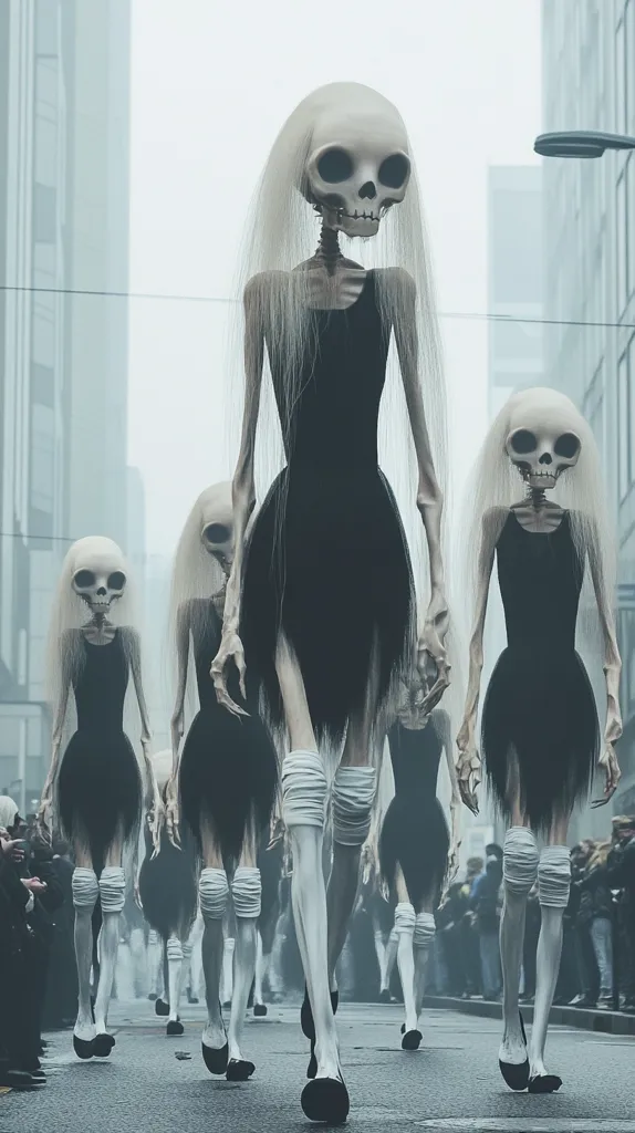 A group of skeletal figures, with long white hair and black dresses, walk down a city street.  Their bony, elongated limbs are visible, and their faces are a mix of human and skeletal features. The figures walk in a straight line, their heads facing forward.  The city is gray and foggy, adding to the eerie atmosphere.