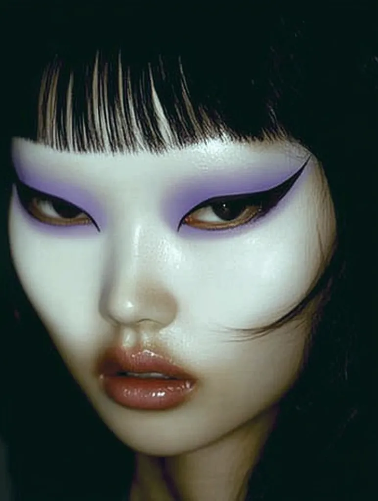 The image shows a close-up of a woman's face. She has long black hair that falls over her face, framing her eyes. Her eyes are made up with a dramatic black eyeliner and a light purple eyeshadow. Her lips are painted with a glossy, nude color. The overall effect is mysterious and alluring.
