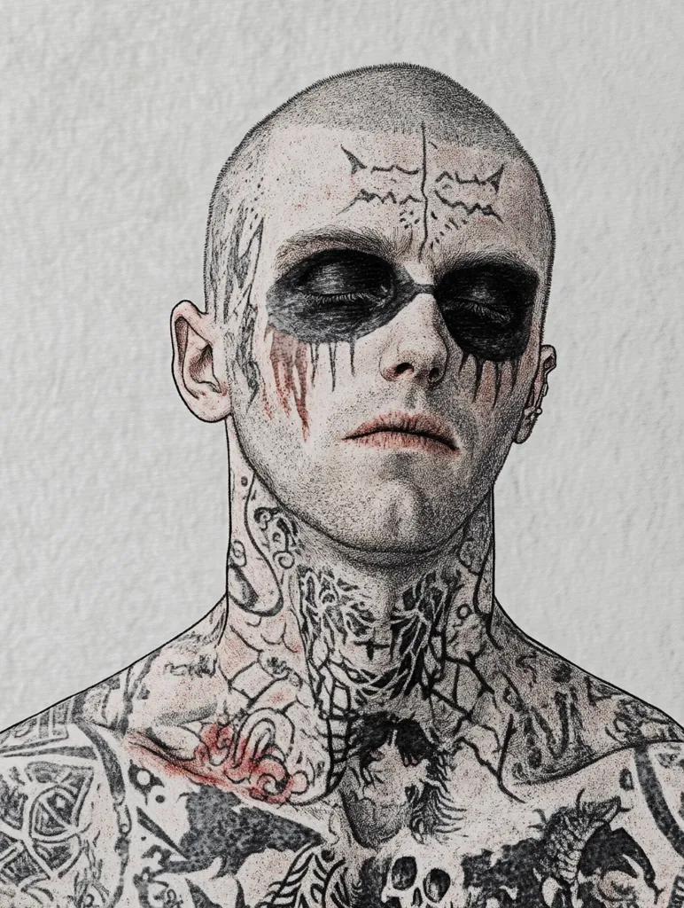 The image depicts a man with a shaved head and a heavily tattooed face and body. He is looking directly at the viewer with a stoic expression. His face is covered in black and red markings, which are possibly tattoos or makeup. The tattoos on his body are intricate and cover his entire torso. The background is a plain white wall. The image has a dark and edgy aesthetic.