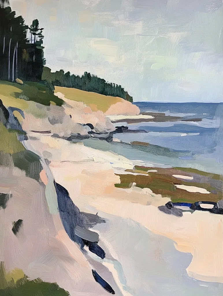 The painting depicts a coastal scene with a rocky shoreline. A line of trees sits atop the cliff, their dark green leaves contrasting with the bright white sand below. The ocean stretches out to the horizon, painted in shades of blue and grey. The overall mood is calm and serene, with a focus on the natural beauty of the coastline. The artist has used loose, expressive brushstrokes to capture the light and atmosphere of the scene.