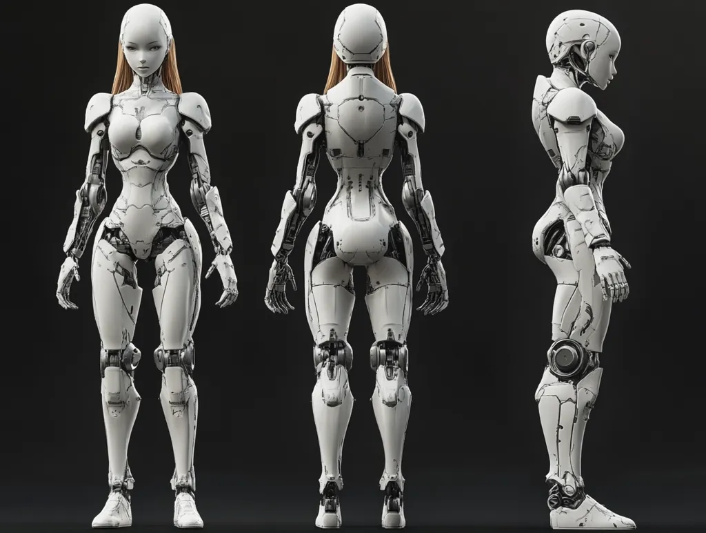 The image shows a white, humanoid robot with intricate details and a feminine form.  It is depicted in three poses, showing the robot from the front, back, and side. The robot has long, flowing hair, a delicate face, and a sleek, articulated body. The image is rendered in a realistic style with detailed textures and lighting.  It suggests a futuristic and perhaps somewhat unsettling vision of artificial intelligence.
