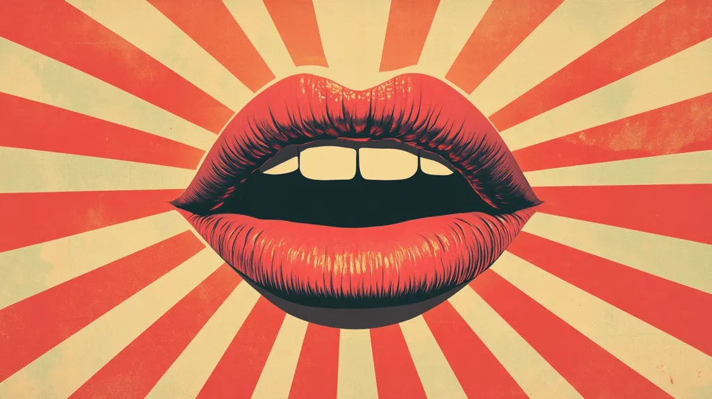 A close-up of a pair of red lips against a red and cream striped background, stylized in a retro pop art style. The lips are slightly parted, revealing a row of white teeth and a black interior. The image evokes a sense of playful and bold femininity.