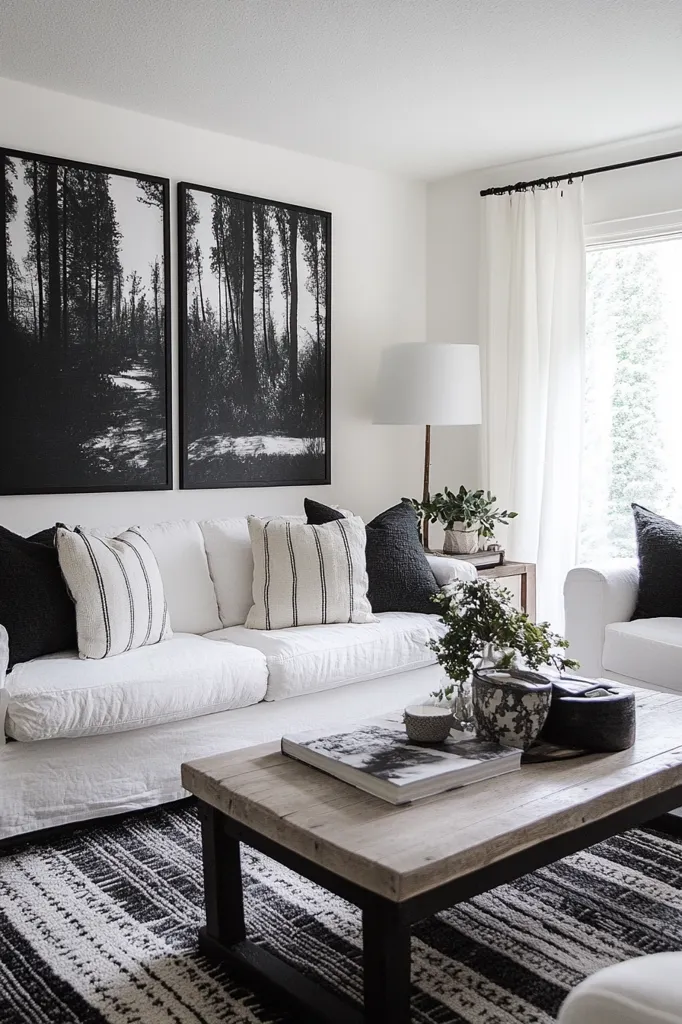 A white couch with black and white striped pillows sits in a living room with a white rug and a wooden coffee table. Two black and white framed pictures of trees are on the wall above the couch. A large window is behind the couch, with white curtains drawn. A lamp sits next to the couch, and a green plant is on the coffee table. The room has a clean and minimalist aesthetic.