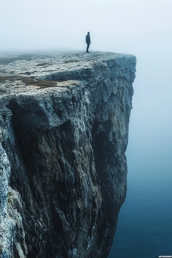 A lone figure stands at the edge of a cliff, gazing out at the vast expanse of fog-covered sea. The cliff face is rugged and textured, with deep crevices and layers of rock, suggesting its age and resilience. The overall mood is one of solitude and mystery, heightened by the ethereal fog that engulfs the scene. The figure's smallness against the vastness of the landscape emphasizes the feeling of insignificance and the power of nature.