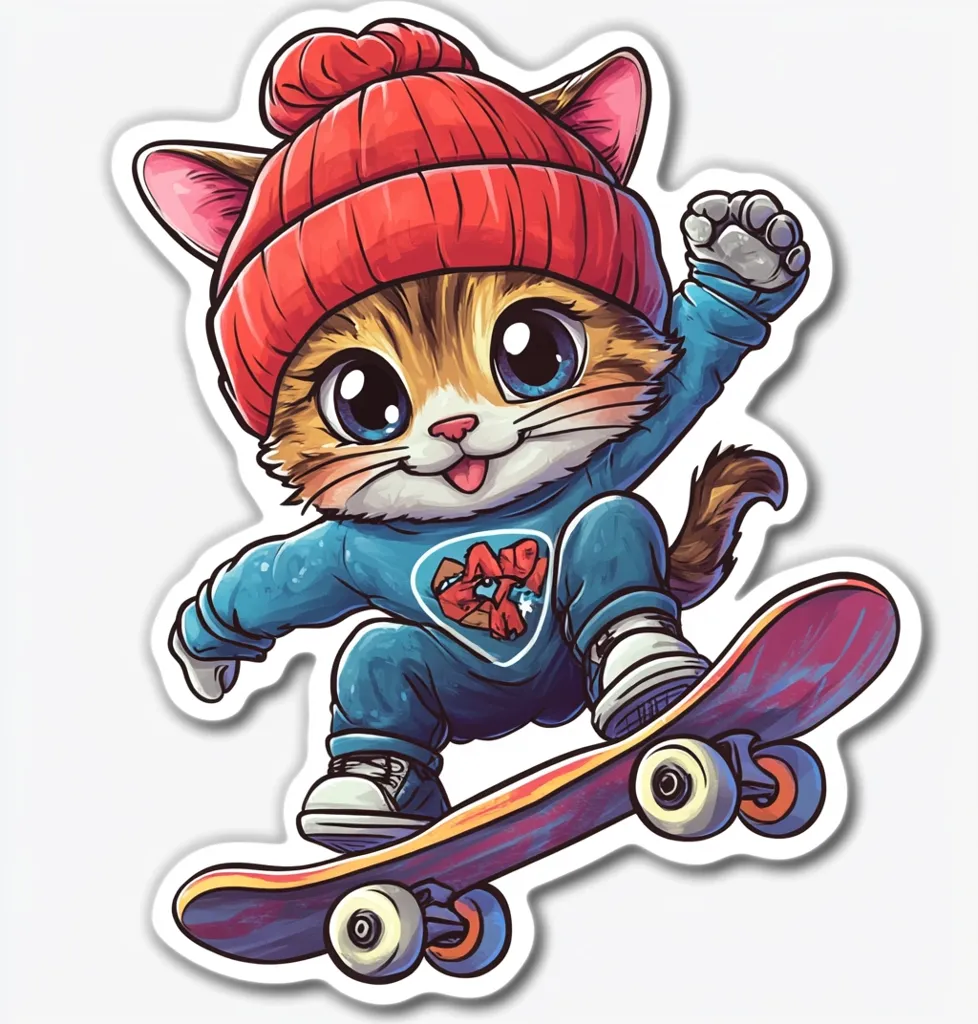 A cartoon cat wearing a red beanie and blue sweater is skateboarding. It has large, expressive eyes and a happy expression. The skateboard is colorful and has wheels with orange spokes. The cat is in mid-air, with its tail extended behind it. The image is in a sticker format, with a white background.