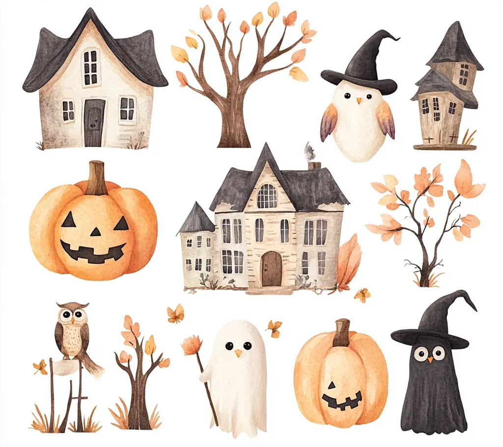 This watercolor illustration features a collection of Halloween-themed elements. It includes two houses, a spooky tree, jack-o-lanterns, an owl in a witch's hat, a ghost, and a cute owl perched on a fence post. The illustration evokes a whimsical and charming atmosphere, perfect for celebrating the spooky season.