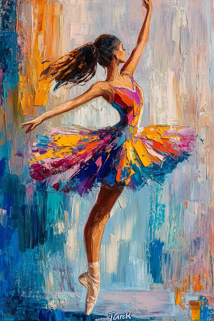 A colorful oil painting of a ballerina in mid-air.  She is wearing a vibrant, multi-colored tutu and her leg is extended, pointing her toes.  The background is a blurred, abstract blend of blue and yellow tones.  The artist's signature is in the bottom right corner of the painting.  The artwork is expressive and dynamic, capturing the grace and beauty of ballet.