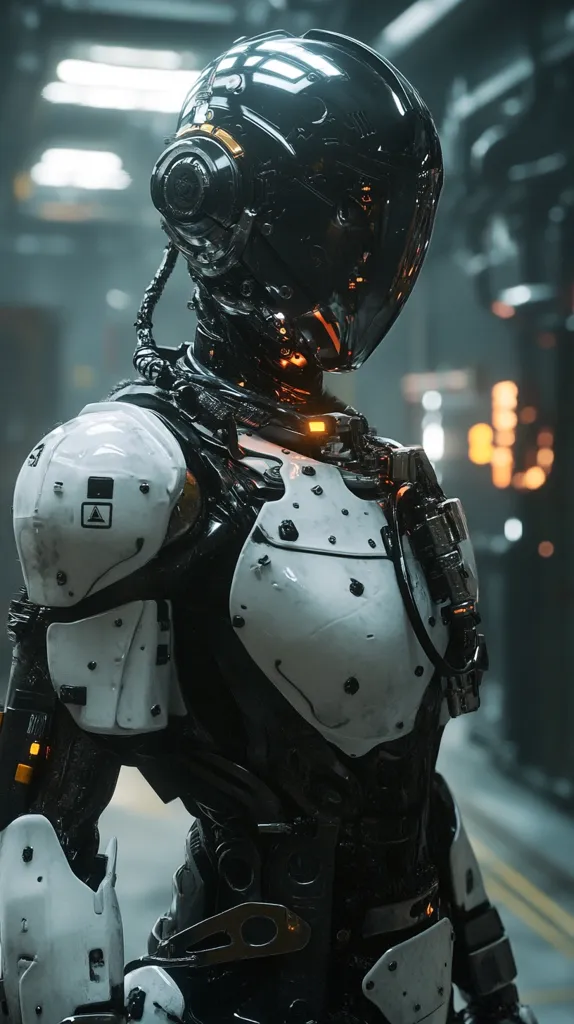 The image shows a futuristic robotic figure wearing a black, glossy helmet with an orange visor. The robot's body is a mix of black and white, with intricate details and metallic accents. The robot stands against a blurry background of a futuristic cityscape, suggesting it is in a technologically advanced world. The lighting is dramatic, casting shadows and highlighting the robot's sleek design. The overall impression is one of a highly advanced and powerful machine, perhaps a soldier or an explorer in this futuristic setting.