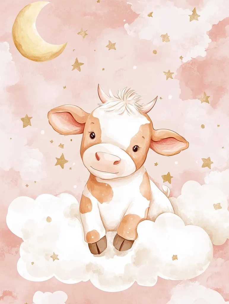 A cute cartoon cow with brown and white spots sits on a fluffy white cloud.  A crescent moon hangs in the sky above, surrounded by glittering gold stars.  The background is a soft pink watercolor wash.  The image has a whimsical, dreamy feel.