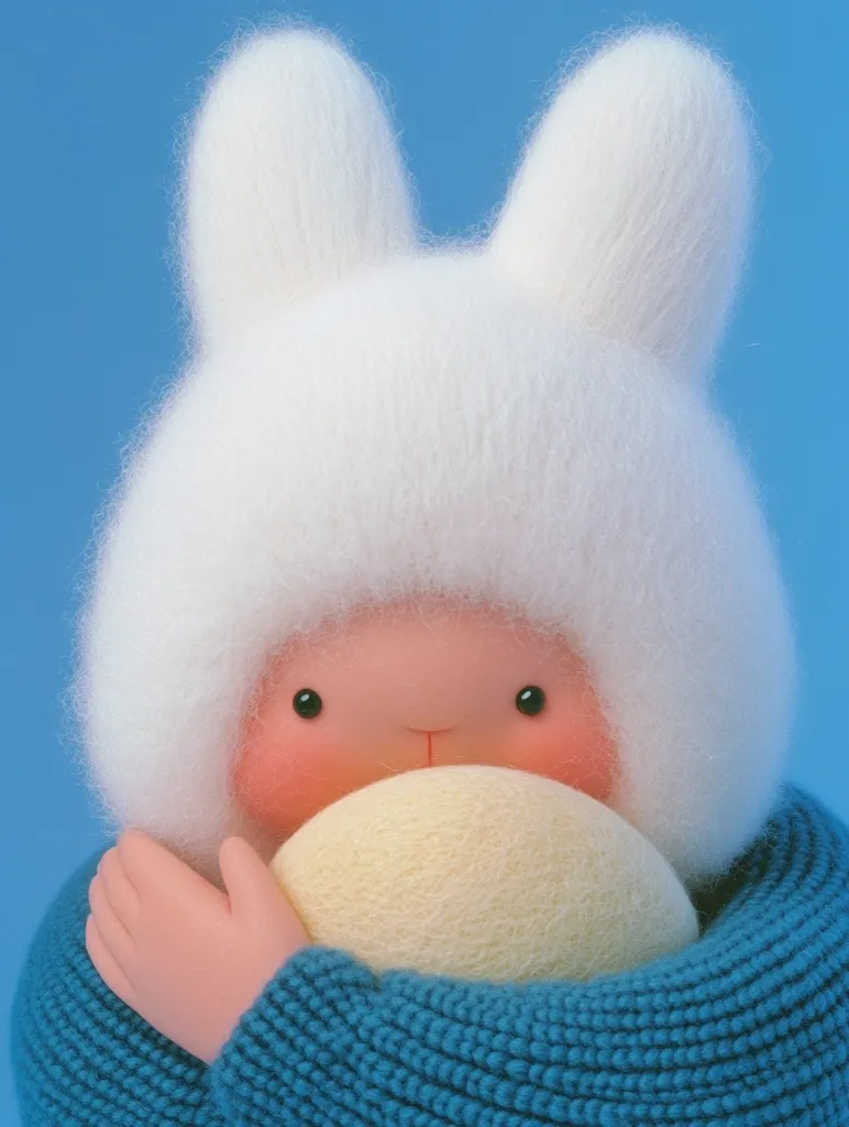 A fluffy white bunny with large ears and a blue knitted sweater is holding a pale yellow ball. The bunny's eyes are black and it has a pink nose and cheeks. The background is a soft blue. The photo captures the bunny's innocence and sweetness.  It is a cute and cuddly image.
