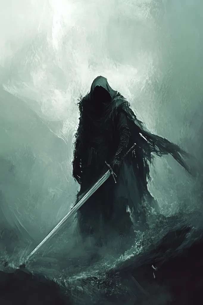 The image depicts a cloaked figure standing in a foggy, misty landscape. Their face is hidden by a deep hood, casting a dark silhouette against the ethereal backdrop. The figure holds a gleaming sword, its sharp edge suggesting a sense of danger and mystery. The overall mood is one of intrigue and suspense, leaving the viewer to ponder the figure's identity and purpose.