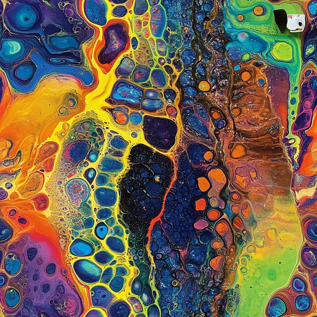 The image depicts a vibrant and abstract painting with a chaotic mix of colors.  A central vein of yellow, blue, and red swirls through the canvas, branching off into smaller veins that intertwine with other colors.  The background features a mix of blues, greens, oranges, and purples, all blended and flowing together.  The artwork has a sense of movement and energy, as if the colors are constantly shifting and changing.