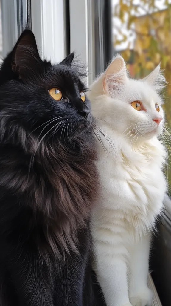Two cats, one black and one white, sit side-by-side, looking out a window. The black cat has bright yellow eyes and a thick, fluffy coat. The white cat has bright orange eyes and a soft, white coat. Both cats are in focus and their fur is beautifully detailed. The background is slightly out of focus, showing a blurred image of trees and foliage. The cats' contrasting colors and inquisitive expressions create a captivating image.