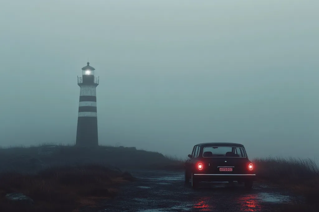 A lone, black car drives along a road in the fog toward a tall lighthouse. The lighthouse stands on a rocky hill, its light shining brightly through the thick mist. The scene is eerily beautiful, with a sense of isolation and mystery. The car's red taillights glow in the distance, adding to the eerie atmosphere.