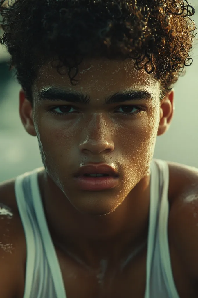 A close-up portrait of a young man with dark curly hair. He is wearing a white tank top and has a determined look on his face. His skin is glistening with sweat, suggesting he has been working out. The image captures his intense focus and physical exertion.  The lighting is soft and warm, highlighting the texture of his skin and the lines of his face.