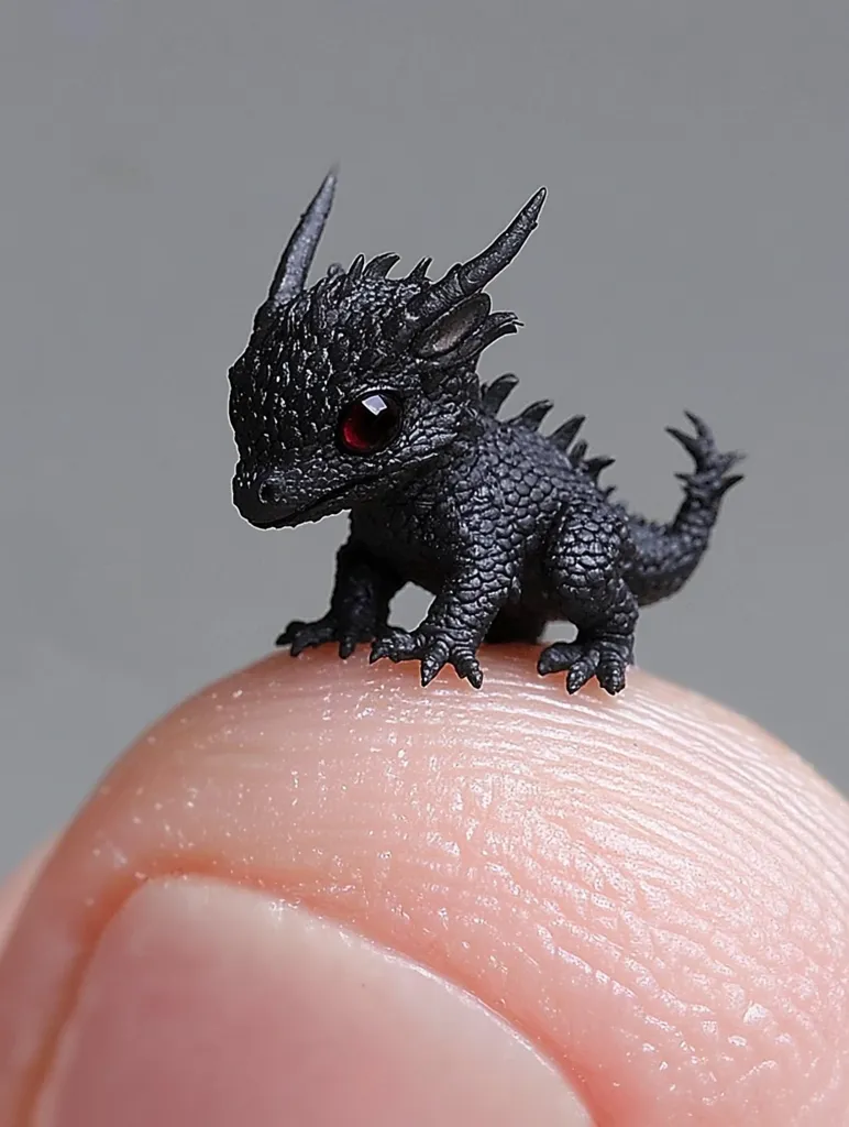 A tiny, black, dragon-like figurine with red eyes is perched atop a human finger. It has intricate scales and a spiky back. The figurine is remarkably detailed and appears to be made from a dark, textured material. The human finger is pale and smooth, contrasting with the figurine's dark form. The image captures the whimsical and miniature nature of the figurine, creating a sense of wonder and curiosity.