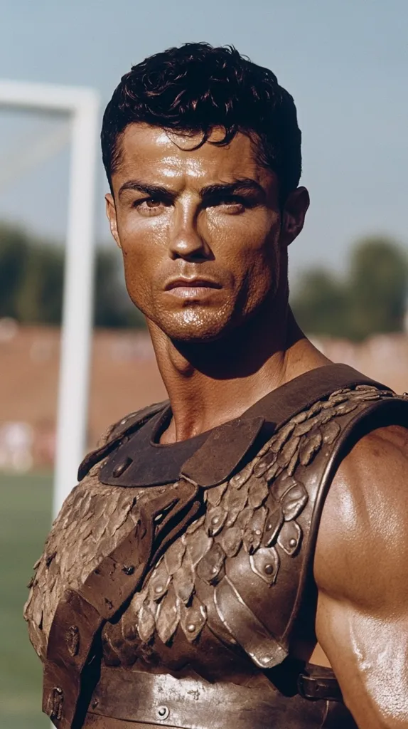 A man with short, dark hair and a determined expression wears a brown leather armor with a scale-like design. His muscles are visible through the thin leather. He appears to be a warrior or gladiator, ready for battle. He has a tanned complexion and a strong jawline.  The background is blurred, suggesting a stadium or battlefield.