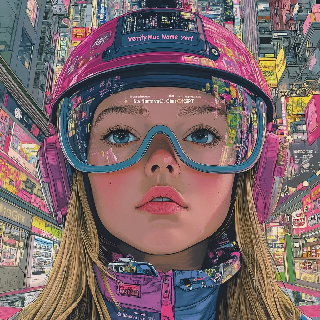 A young woman with long blonde hair wears a pink helmet with a visor that reflects a neon-lit cityscape. The helmet has a digital display that reads "Verify Muc Name yet." The woman's blue eyes are visible through the visor, and she has a soft, pink expression. The image creates a futuristic, cyberpunk atmosphere.  The background features a busy, vibrant city street filled with neon signs.  The woman is looking up, perhaps at a screen or at the sky.