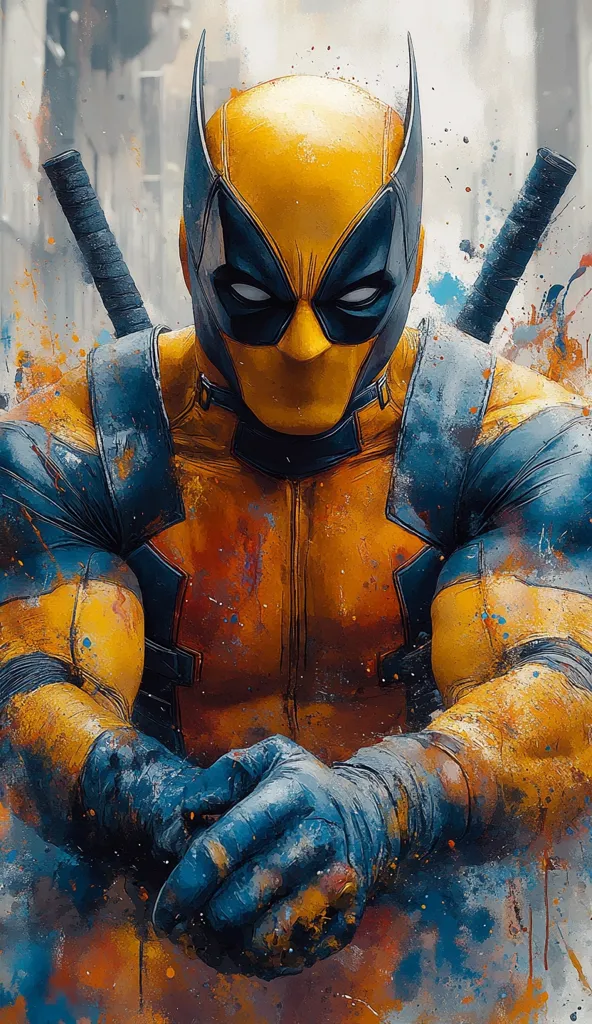 The image depicts a close-up of a superhero, likely Wolverine or Deadpool, in a yellow and blue costume with a masked face. The character is portrayed in a dynamic pose, with their arms crossed and a determined expression. The background features a splash of vibrant colors, creating a sense of movement and energy.  The image appears to be painted in a watercolor style, adding a unique texture to the superhero's appearance. The overall tone of the image is powerful and heroic.