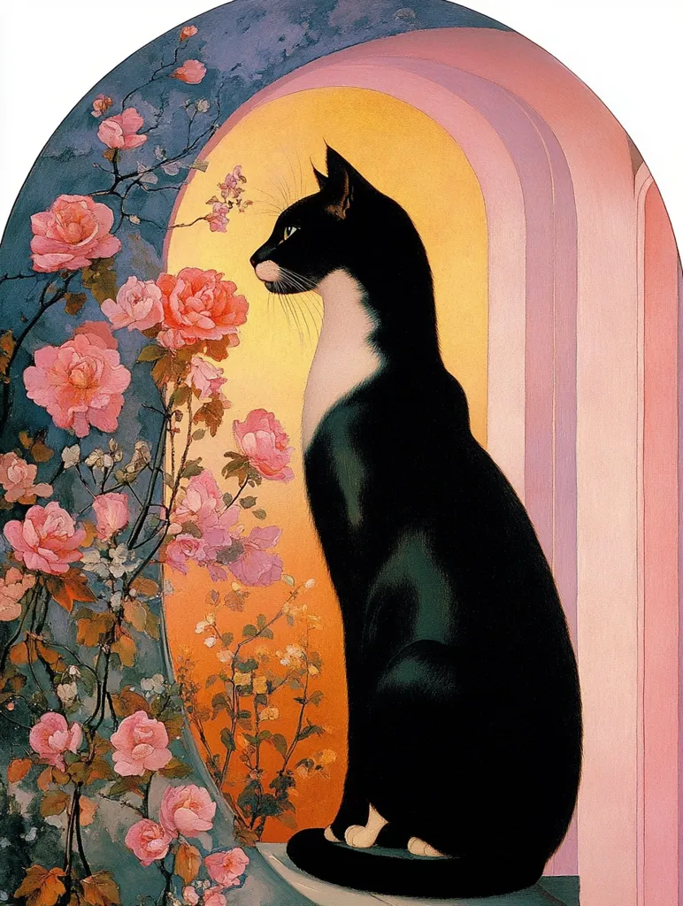 The image depicts a black and white cat sitting in a pink and yellow archway, facing right.  It is looking out of the archway, which is framed by a vibrant rose bush.  The cat is depicted in a realistic style, with a glossy coat and intricate details. The background is a mixture of yellow, orange, and pink hues. The overall tone is elegant and sophisticated, suggesting a romantic and dreamy mood.