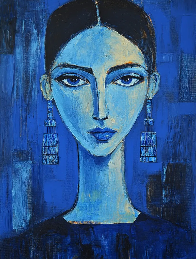 The painting depicts a woman with dark hair, wearing large blue earrings. Her face is painted in shades of blue, with a hint of yellow on her cheeks and forehead. She has a serious expression with full lips and large, deep-set eyes. The background is a solid blue, with hints of lighter and darker shades, creating a sense of depth. The overall effect is of a melancholic portrait.
