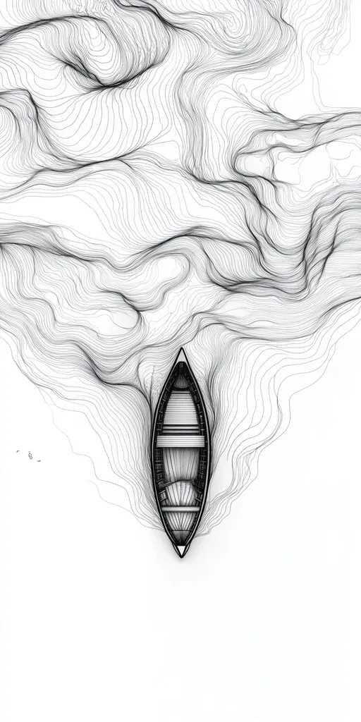 The image is a black and white drawing of a single boat in a sea of swirling lines. The boat is at the bottom of the image, and the lines swirl around it like waves. The lines are dense at the top of the image and thin out as they reach the bottom. The overall effect is one of movement and depth.
