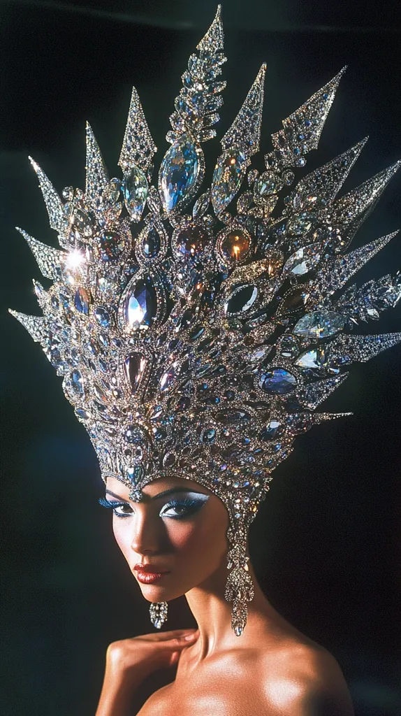 A woman with dark hair and dramatic makeup wears a large, elaborate headpiece adorned with rhinestones and sparkling crystals. The headpiece is shaped like a starburst, with long, pointed rays radiating outward. The woman's skin is fair and glowing, and she is looking off to the side. The dark background emphasizes the sparkle of the headpiece.