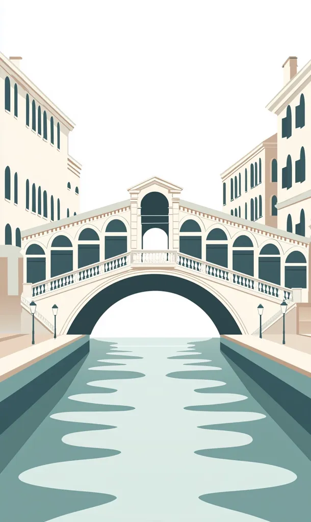 The image is an illustration of a bridge spanning a canal in Venice, Italy. The bridge is made of stone and has a series of arches. The canal is a deep blue and has a rippling effect. On either side of the bridge are buildings, characterized by white walls and rows of windows. The illustration is stylized, with a focus on clean lines and simple shapes. The image gives a feel of the romantic and picturesque nature of Venice.