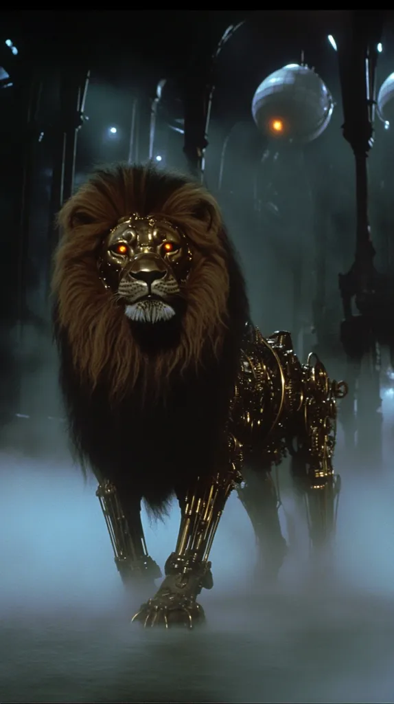 A mechanical lion with glowing red eyes walks through a misty, futuristic landscape. Its body is a intricate network of gears and metal, but its mane is soft and real. The lion's golden armor gleams in the dim light, and it moves with a powerful, deliberate stride.  Behind it, shadowy structures and orbs of light suggest a complex and enigmatic world. The image evokes a sense of both danger and grandeur.