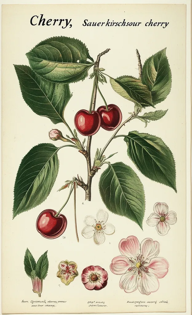 A vintage botanical illustration of a cherry tree, titled "Cherry, Sauerkirschsour cherry." The image depicts the tree's branches, leaves, two ripe cherries, and different stages of cherry blossoms. The Latin name for the cherry is written at the bottom of the image. The illustration is done in a delicate, detailed style with shades of green, red, and white. The background is a plain, off-white color.