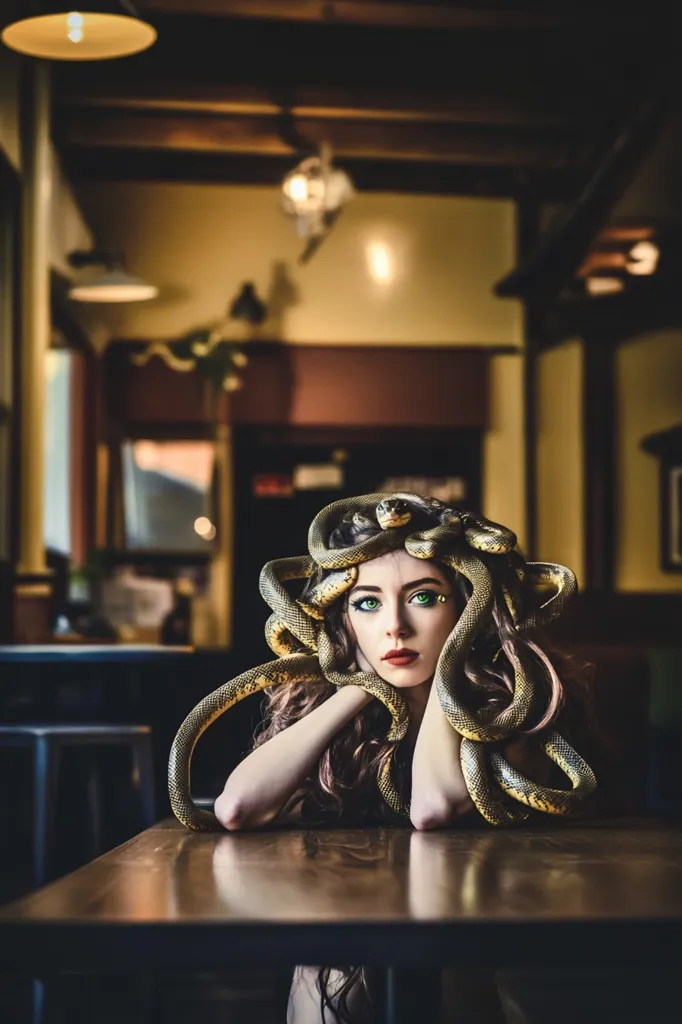 A woman with long, dark hair sits at a wooden table in a dimly lit room.  She has a crown of snakes on her head and her face is made up with green eye shadow.  The snakes are coiled around her head and neck and she is looking directly at the camera.  The background is blurred.