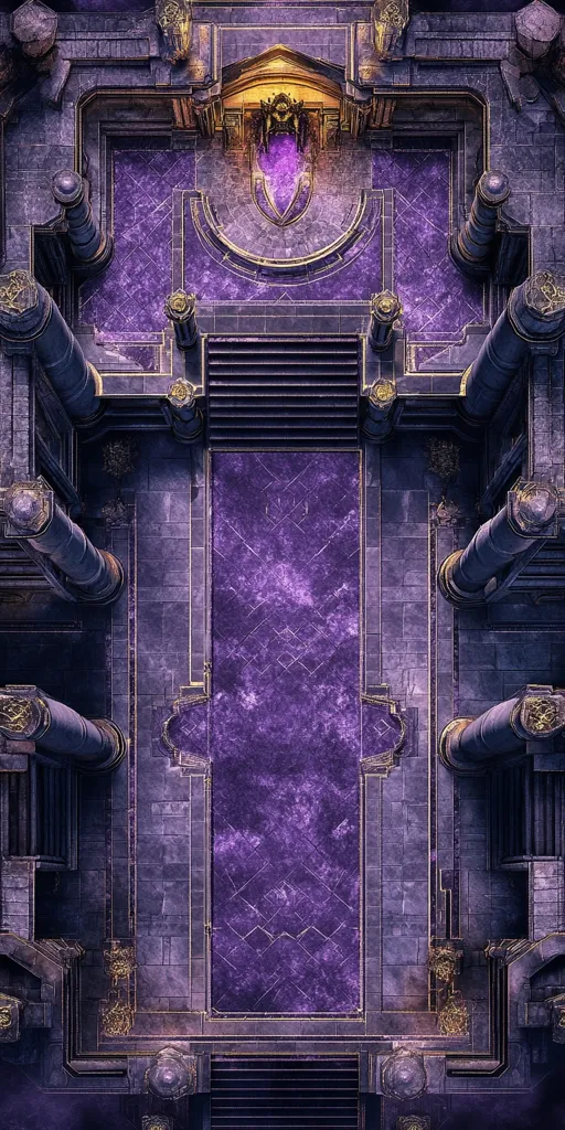 The image depicts a top-down view of a grand, ancient hall. The floor is paved with a shimmering purple stone, suggesting magic or power. The hall is lined with ornate columns, and the walls are decorated with intricate gold details. A central staircase leads up to a small platform adorned with a golden throne and a glowing purple orb. The overall atmosphere is one of power and mystery, hinting at an important, possibly sacred space.