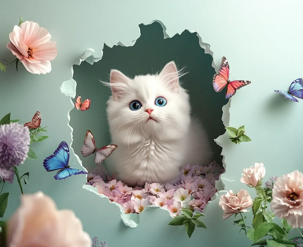 A white cat with piercing blue eyes peeks out of a hole in a blue wall. The cat is surrounded by pink flowers and several butterflies. The scene is light and whimsical, with the cat appearing to be both curious and playful.  The image evokes a sense of sweetness and wonder.