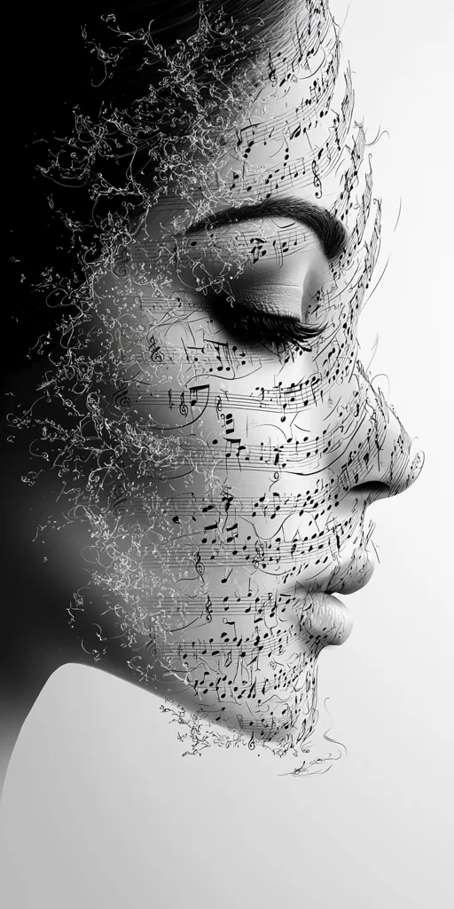 A black and white image of a woman's face, partially obscured by a sheet of music notes. The notes cover her cheek, eye, and brow, creating a sense of mystery and artistic expression. The woman's profile is turned slightly to the side, with her lips slightly parted, as if singing a silent melody. The image suggests a connection between music and human emotion.