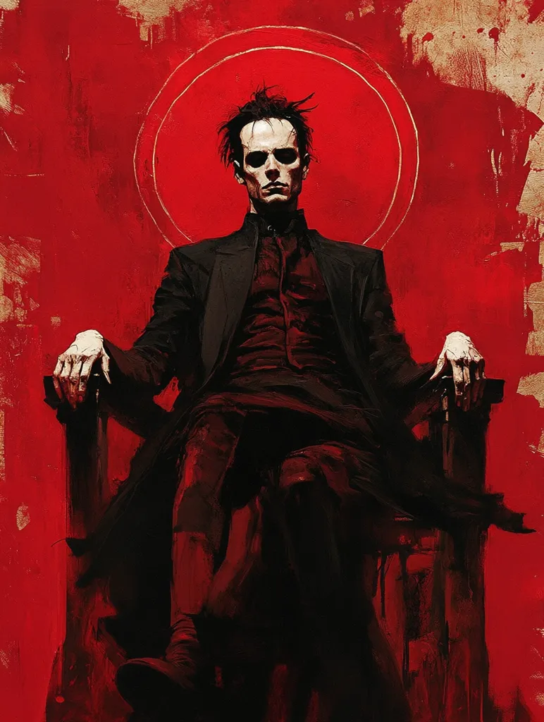 The image depicts a man sitting on a throne against a vibrant red background. He wears a dark suit and a red shirt, his hair is dark and tousled, and his face is pale with a hint of a sinister grin. Above him, a large red circle with a golden halo suggests a  powerful and perhaps even divine presence. The painting has a dramatic and somewhat menacing air, with the strong colors and stark contrasts creating a sense of unease and intrigue.