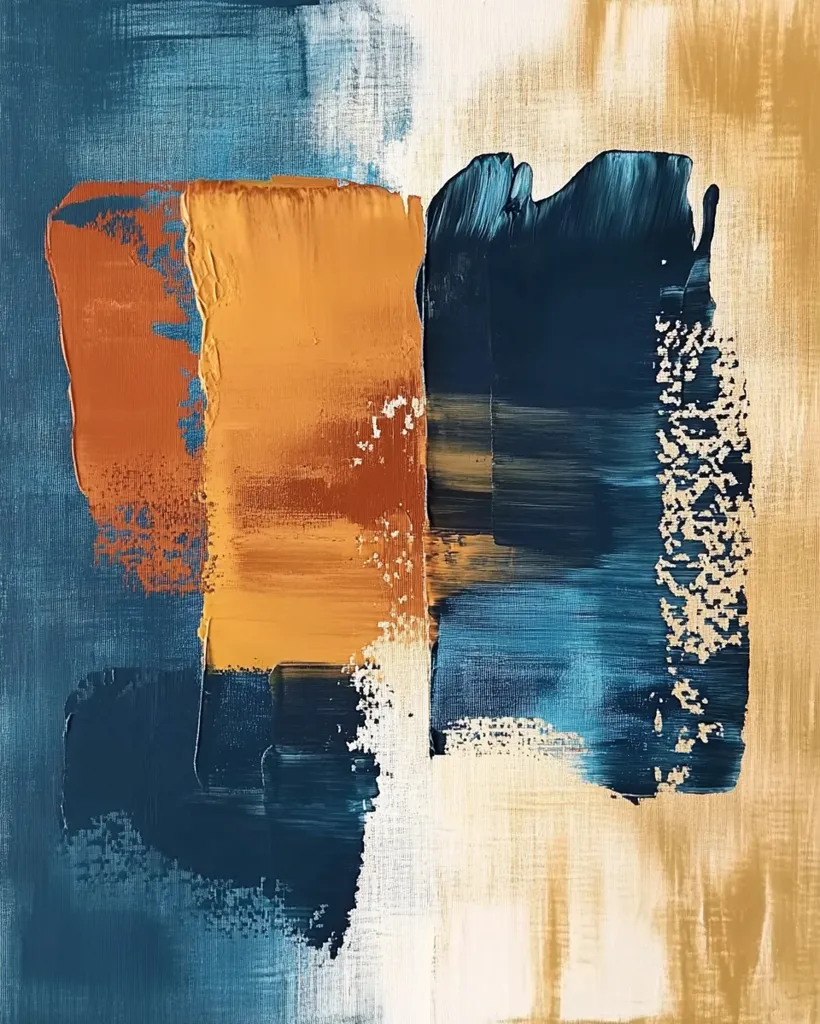 An abstract painting with bold strokes of blue, gold, and brown. The colors are layered and textured, creating a sense of depth and movement. The composition is divided into two sections, one dark and one light, which adds visual interest and contrast. The painting evokes a sense of energy and vibrancy.