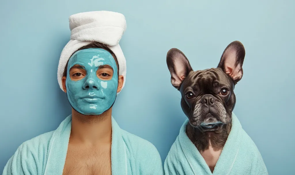 A man with a blue face mask and a white towel on his head stands next to a French Bulldog. Both are wearing blue bathrobes. They are looking directly at the camera against a light blue background. The man has a serious expression while the dog has a curious look on its face.  The image is playful and suggests a pampering spa session.