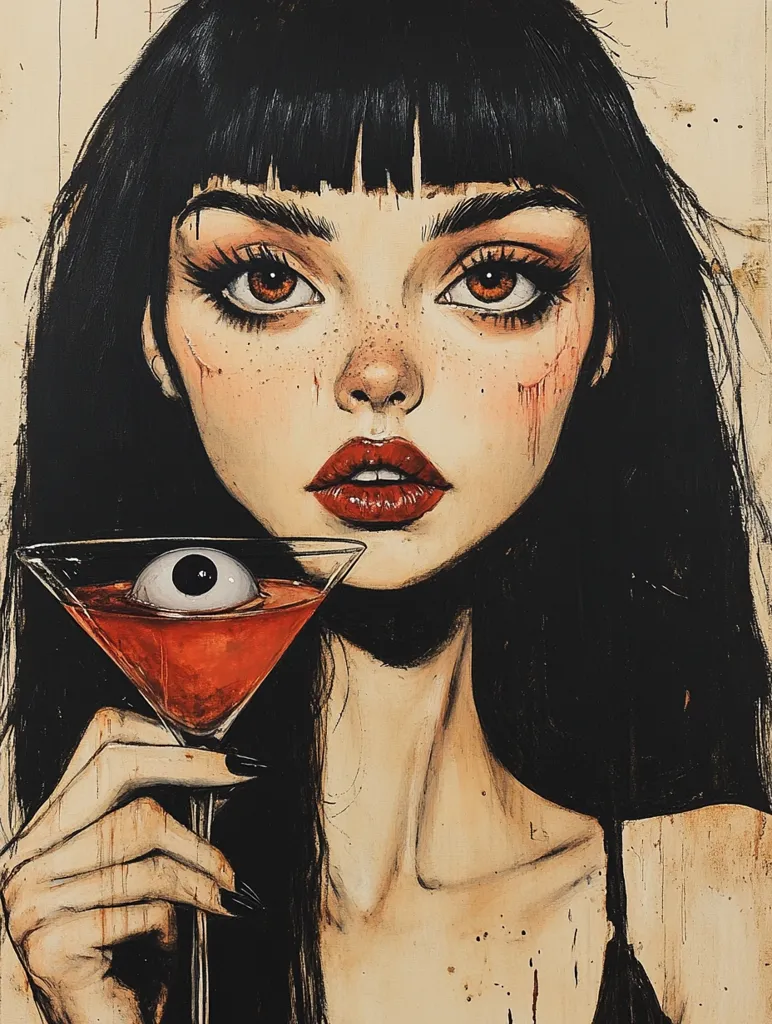 A woman with long black hair and bangs holds a martini glass. The glass contains a red liquid with a floating eyeball. Her face has a dark, almost gothic expression. Her eyes are large and intense, and her lips are painted a bright red. She is drawn in a style that is both realistic and stylized.  The image is a blend of beauty and darkness.