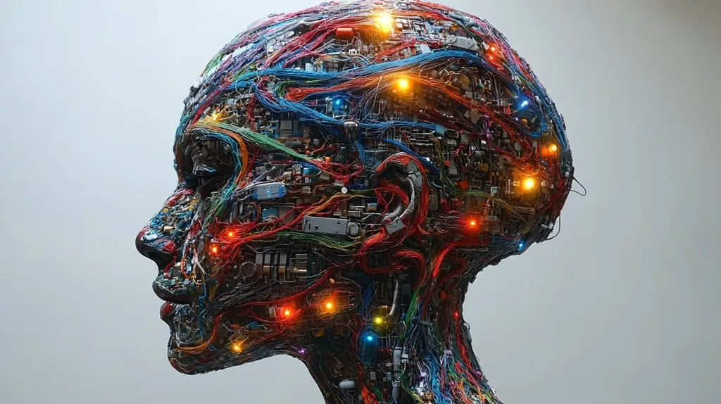 The image depicts a human head rendered as a complex tangle of wires, circuits, and glowing lights. The head is in profile, showcasing the intricate network of technology that makes up its form. The colors are vibrant and contrasting, creating a striking visual that highlights the fusion of organic and technological elements.