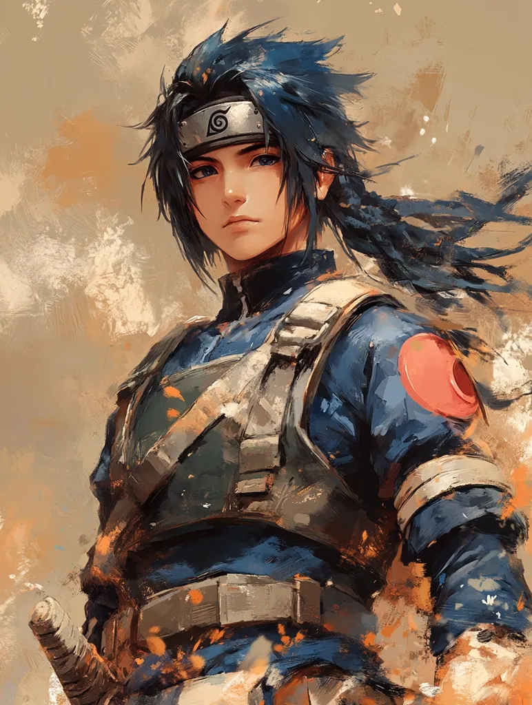 The image is a digital painting of a young man with long, dark blue hair tied back in a ponytail. He has a serious expression on his face and is wearing a blue and black outfit with a headband with the symbol of the Hidden Leaf Village on it. The image is set against a background of abstract brushstrokes in shades of brown and orange, suggesting a desert or battlefield environment. His outfit and the symbol on his headband suggest he is a ninja.  The painting is a combination of realism and anime style, creating a powerful and dramatic portrait of a young warrior.