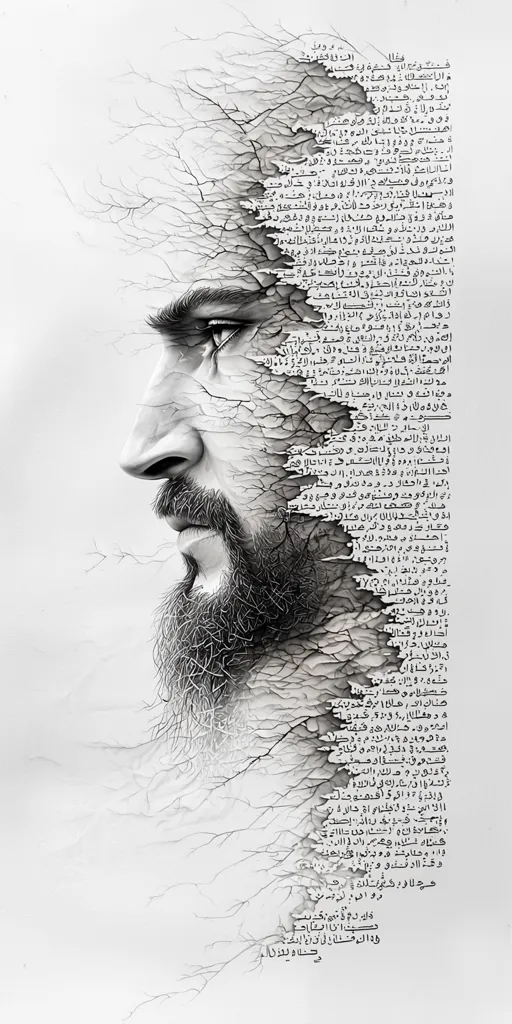 A black and white illustration of a man's face in profile. His eye is visible, and he has a beard. The background of the illustration is a pattern of branches that extend outward, almost resembling veins. The branches are made up of a repeating pattern of text, which is likely Arabic.