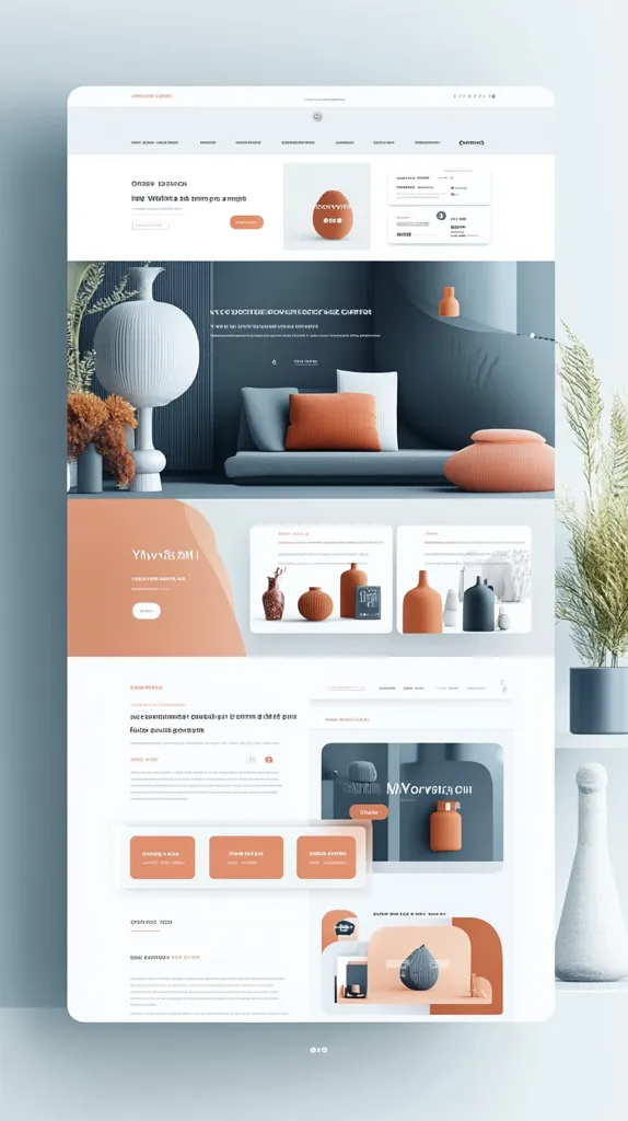 The image shows a website design mockup with a clean and modern aesthetic. It features a light background with various sections showcasing product images, text blocks, and call-to-action buttons. The top section displays a header with the brand name and a section for product descriptions. The middle section features a large image of a living room, showcasing comfortable furniture and decorative items. The bottom section contains product details, pricing information, and testimonials. The overall design emphasizes minimalism and simplicity, while incorporating elements of modern interior design.