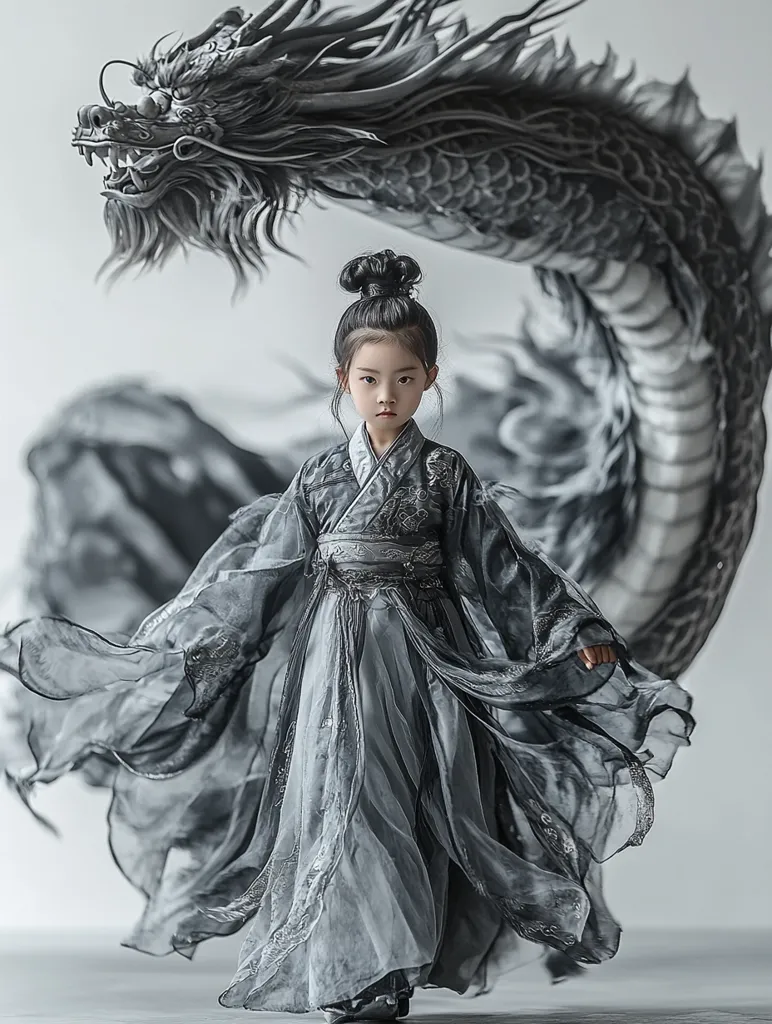 A young girl with a serious expression stands in front of a large, sculpted dragon. She wears a traditional Chinese dress with flowing sleeves and a long, flowing skirt. The dress is a soft gray color with intricate embroidery and a matching hair bun. The dragon is sculpted in a silver tone and seems to be moving, creating a dynamic composition. The girl's pose and the dragon's movement create a sense of power and elegance. The background is a simple white, allowing the focus to be on the girl and the dragon.