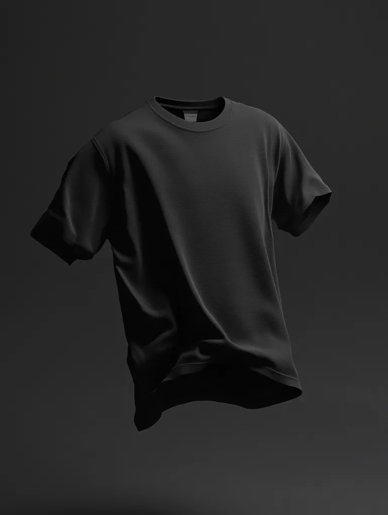 A plain black t-shirt is floating in mid-air against a dark grey background. The t-shirt is crumpled and has a relaxed fit. There is a small white tag visible on the collar. The lighting is soft and subtle, highlighting the texture of the fabric.
