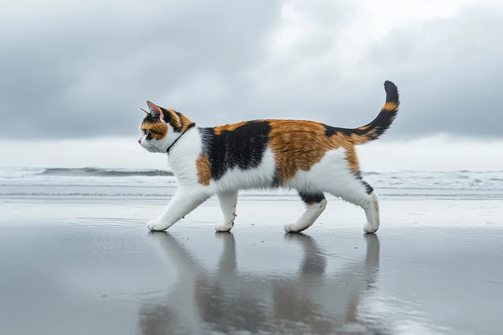 A calico cat walks on a wet sandy beach, its reflection mirrored in the shallow water. The cat has a long, bushy tail and a curious expression on its face as it walks towards the shore. The sky is overcast with grey clouds, and the waves of the ocean are visible in the distance. The cat is the only subject in the image, and it appears to be enjoying its time on the beach.