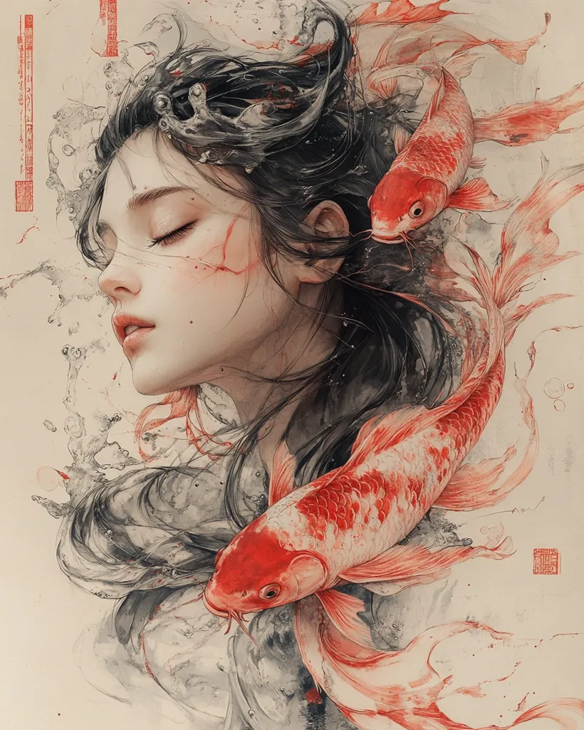 The image features a beautiful young woman with long dark hair, her eyes closed, and a serene expression. She is surrounded by two koi fish, their scales a vibrant red and white, with a soft watercolor style. Water droplets and splashes add a sense of motion and etherealness to the scene. The image evokes a sense of peace, tranquility, and connection to nature.
