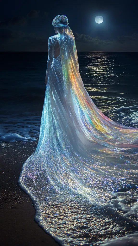 A woman in a white dress with a shimmering iridescent veil stands on a beach at night. The veil billows behind her, resembling a wave crashing on the shore. The moon shines brightly in the sky, casting a soft glow on the scene. The dress and veil sparkle with light, creating a magical and ethereal atmosphere.