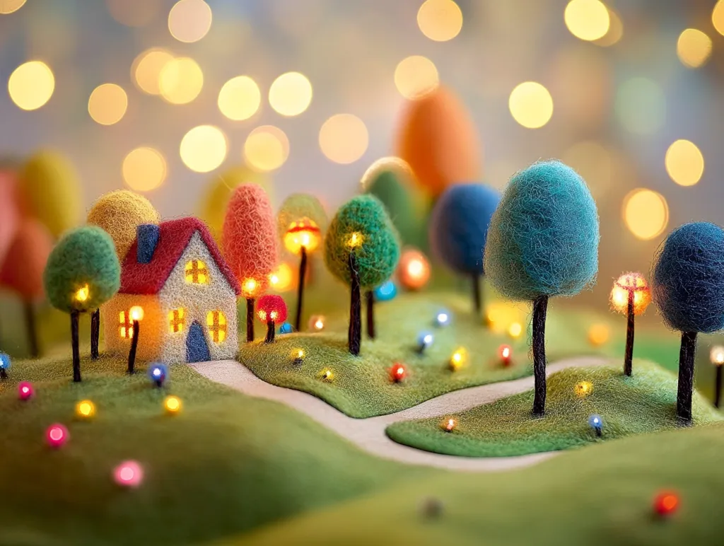 A miniature felt village is illuminated by tiny fairy lights, creating a warm and whimsical scene. A small house stands in the center, surrounded by colorful felt trees and a winding path. The background is blurred, with soft, golden lights, enhancing the enchanting atmosphere.