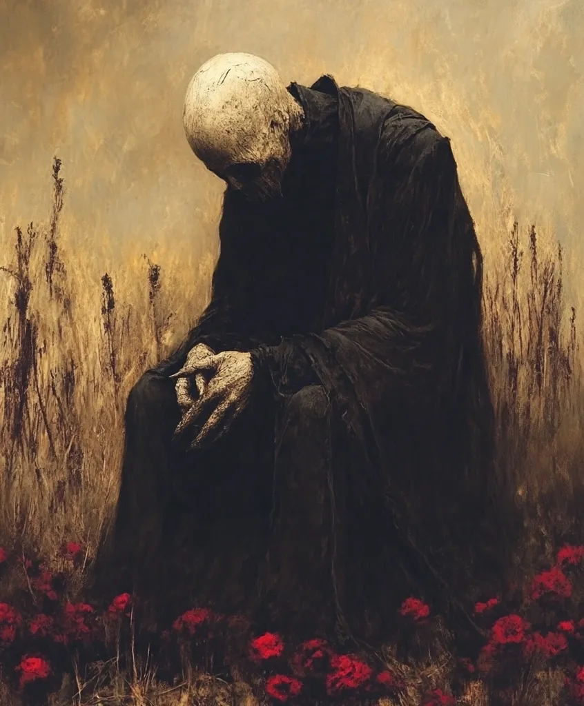 A skeletal figure in a black robe sits hunched over in a field of tall grasses and red flowers. The figure's face is obscured by shadow, adding to the eerie atmosphere. The muted tones of the painting create a sense of melancholic solitude.  The image evokes feelings of isolation and despair.